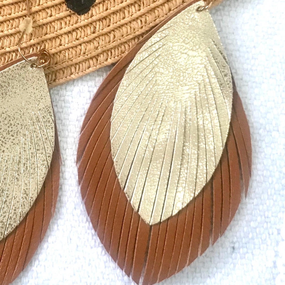 ✨HP✨ Leather Gold + Brown Earrings *NWT - Picture 3 of 5